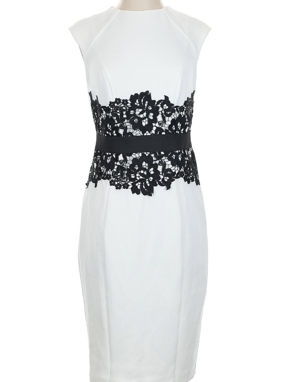 New York & Company White Sheath Dress with Black Floral Lace Waist
